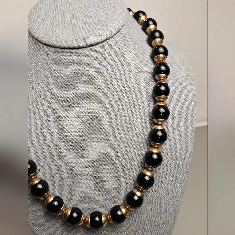 [J. CREW] Black & Gold ○● Beaded Statement Necklace with Cloth Tie